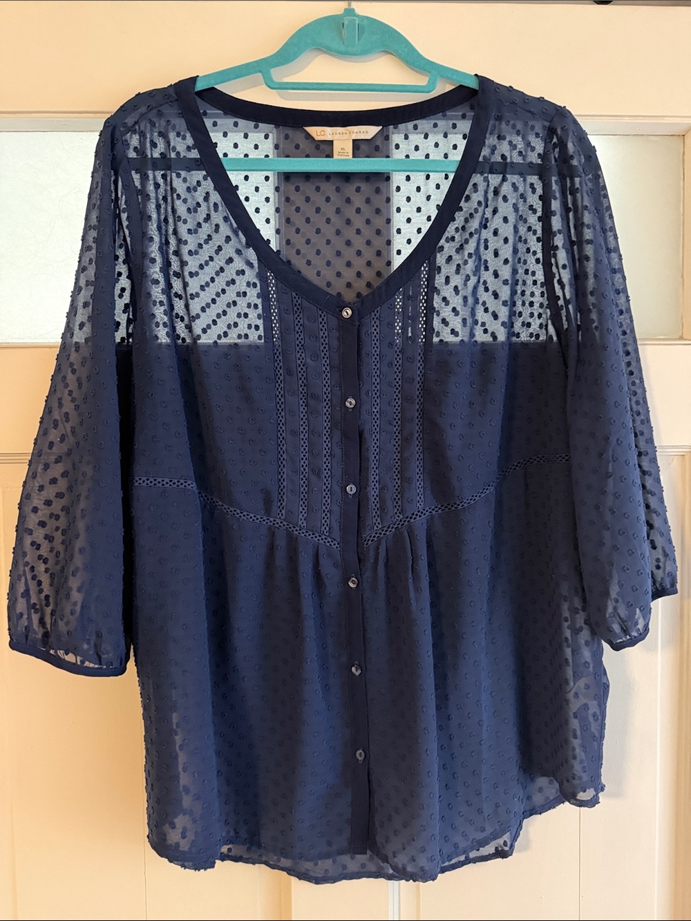 LC Lauren Conrad Navy Sheer Swiss Dot Button-Front Blouse